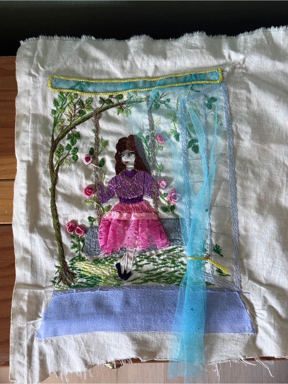 Vintage 3D Ribbon Embroidered Window Scene Wall Art Girl Swing 8x10.5